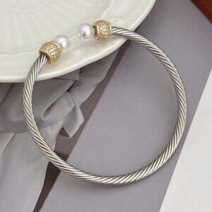 Elegant Women's Stainless Steel Cable Bangle Bracelet Faux Pearl CZ Accents